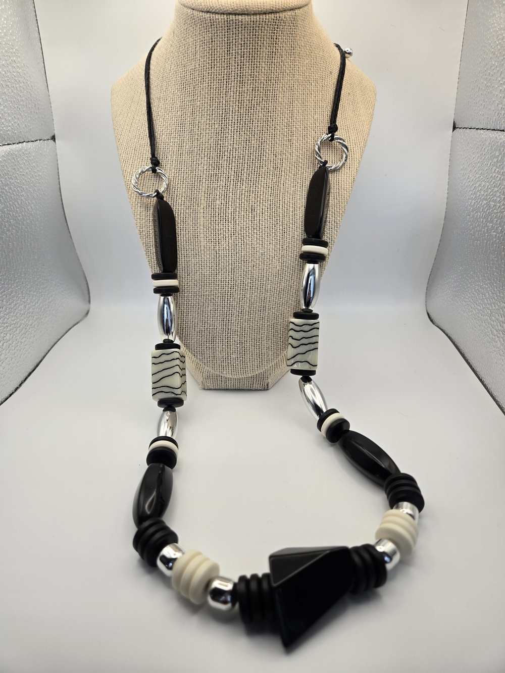 NWT Chico's Seleta Long Black Cream Silvertone Statement Bead Necklace